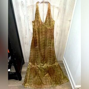 Kay Unger Gold Sequin Maxi Halter Dress, Fully Lined Used Good Condition Size 10